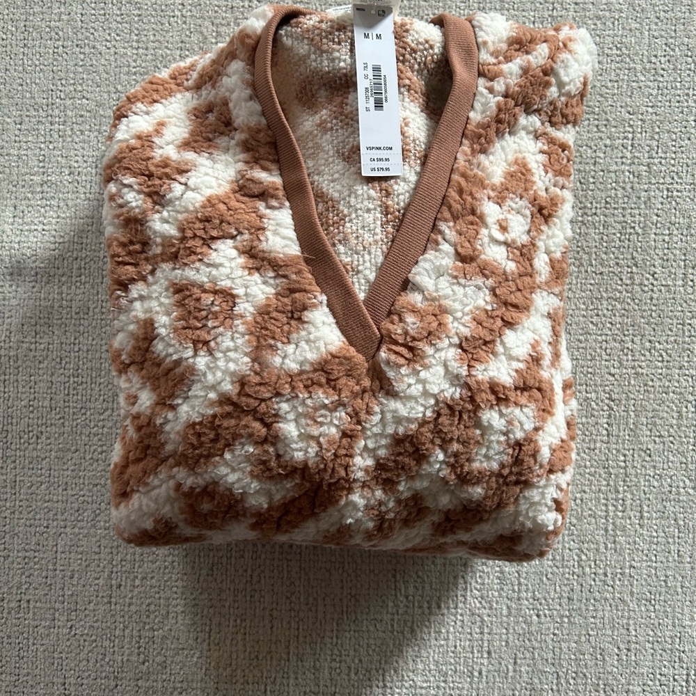 Victoria’s Secret Pink Cozy Fleece Pullover Hoodie-White Shell/Toffee Logo Sz.M - Picture 5 of 5